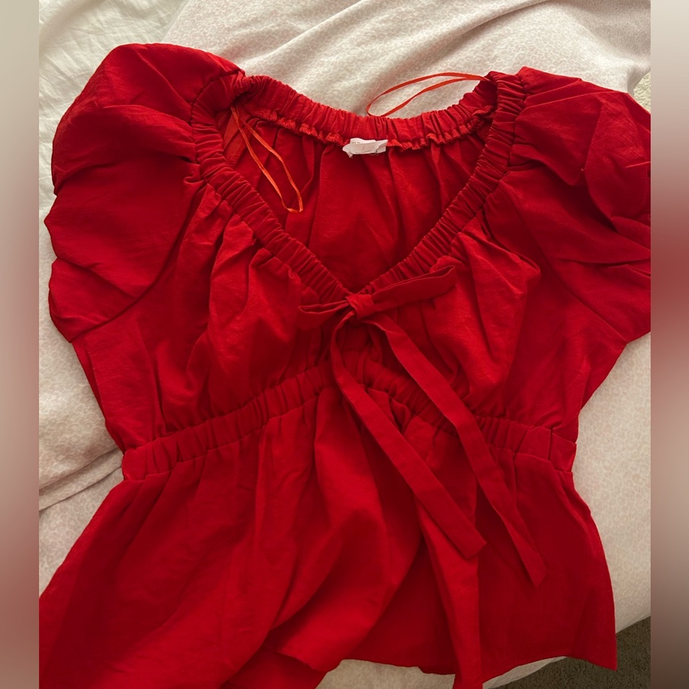 Red Tie-Front Puff Sleeve Dress